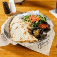 Dick's Ultimate Quesadilla · Grilled flour tortilla, grilled peppers and onions and shredded cheddar-Jack cheese, stuffed...