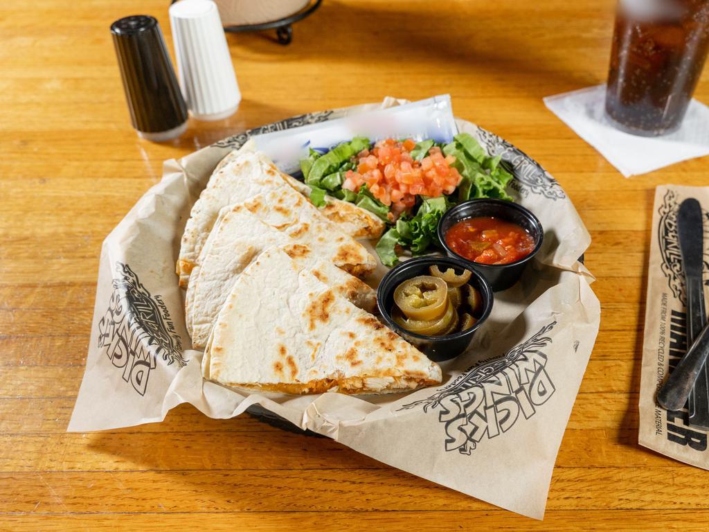 Dick's Ultimate Quesadilla · Grilled flour tortilla, grilled peppers and onions and shredded cheddar-Jack cheese, stuffed with your choice of Philly steak, grilled chicken or fried chicken. Served with salsa, sour cream and jalapenos. Make it your flavor: toss in your favorite DWG flavor for an additional charge.