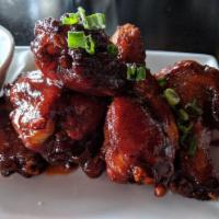 (6) Chipotle Honey Wings · Sweet with a spicy kick, green onions, creamy bleu cheese dipping sauce.