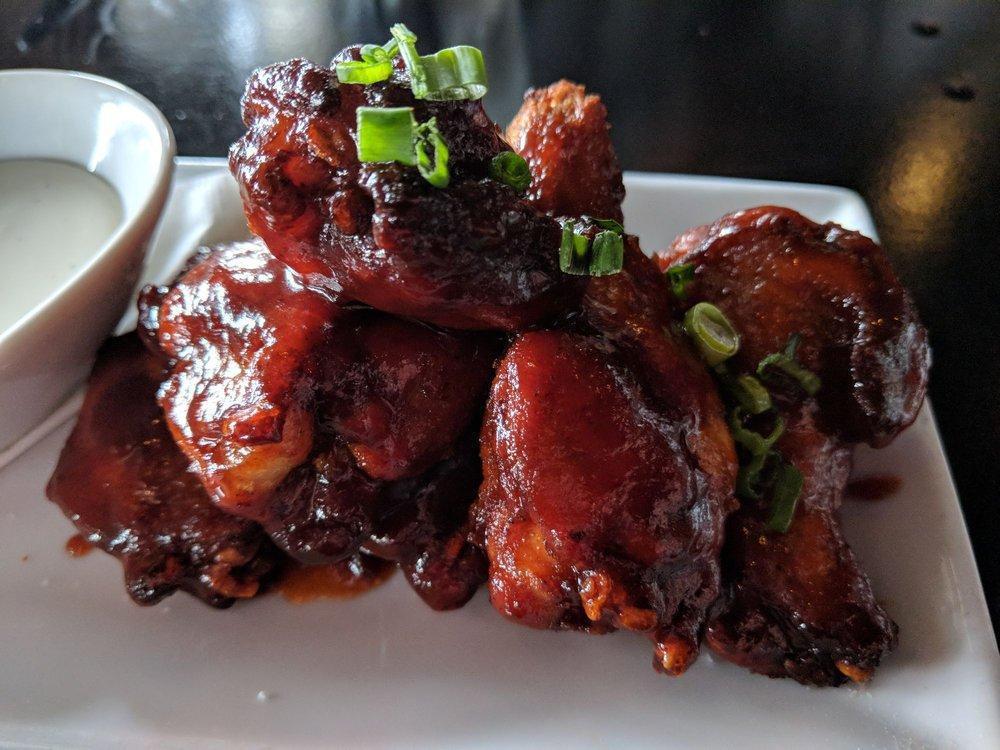 (6) Chipotle Honey Wings · Sweet with a spicy kick, green onions, creamy bleu cheese dipping sauce.