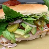 3. Roast Turkey and Avocado Sandwich · mayonnaise, mustard, lettuce, tomato, and pickles and red onions.