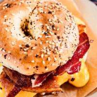 Bacon and Eggs Bagel · Scrambled eggs, cheese & bacon.