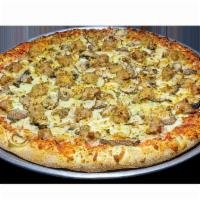 Portabella Lugosi · Classic marinara, portabella mushrooms, sausage, red onions, basil, toasted garlic and mozza...