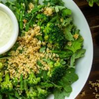 Green Goddess Salad · Kale, broccoli florets, roasted asparagus, quinoa, avocado ranch dressing.