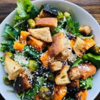 Fall Roasted Vegetable Salad · Baby Kale, roasted- butternut squash, sweet potato, Brussels sprouts & red onion, asiago and...