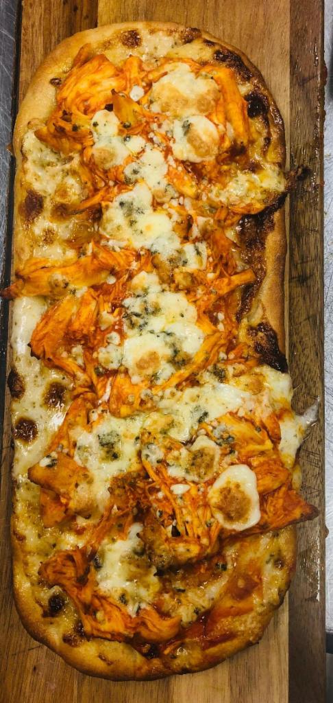 Buffalo Chicken Flatbread · ranch dressing, crumbled blue cheese, pulled chicken tossed in buffalo sauce