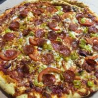 The Hollywood Pizza · Mushrooms, bacon, tomatoes, red onions, pepperoncini and pepperoni. 