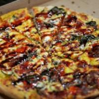 Funky GoGo Pizza · Garlic olive oil crust seasoned with turmeric, zucchini, onions, red peppers, spinach, and m...