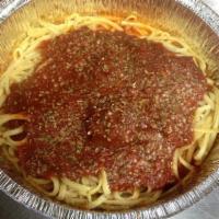 Spaghetti · A terrific combination of pasta noodles and our own special spaghetti sauce. Served with gar...