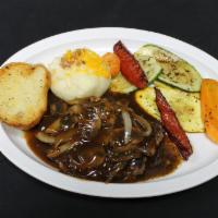 Angus Chopped Steak · Topped with demi-glace sauce, grilled onions, mushrooms and served with 2 sides.
