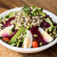 Avocado, Quinoa, Lentil and Beet Salad · Field greens, boiled egg, pumpkin seeds and apple cider vinaigrette.