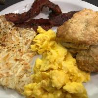 the 2 + 2 · 2 fresh eggs any style | choice of sweet + spicy bacon, thick-cut hickory bacon or chicken a...