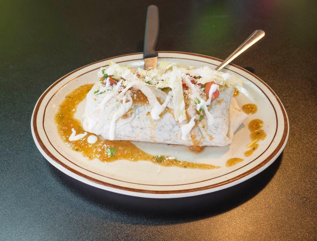 Burritos Lunch · Served with beans, rice, onions, cilantro, cheese and sour cream.