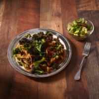 Diablo Trent Pasta Vegan · Spinach pappardelle pasta in diablo sauce with sauteed broccoli and kale garnished with fres...