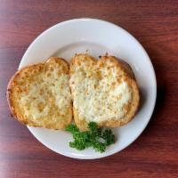 Garlic Cheese Bread · Two garlic bread slices topped with golden brown pizza cheese