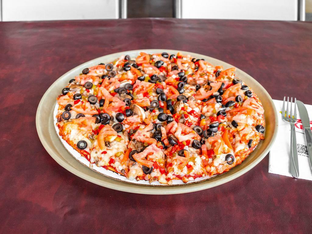 The Veggie Feast Pizza · A combination of fresh vegetables mushrooms, onions, red and green peppers, tomatoes and black olives.