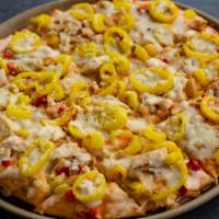 Sriracha Ranch Chicken Feast Pizza · A combination of chicken, banana peppers, red and green peppers and onions with our homemade...