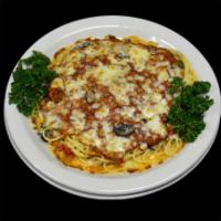Baked Spaghetti · Spaghetti, mushrooms, red and green peppers, pizza cheese, Parmesan cheese, garlic and meat ...