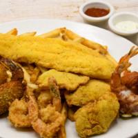 Fisherman’s Wharf Fried Seafood Platter · Shrimp, Oysters, Fish Fillet, Mini Crab Cakes, Shrimp Kisses, & Stuffed Shrimp. Served with ...