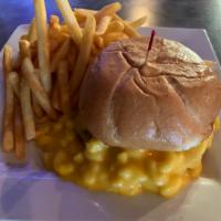 Mac N Cheeseburger · Our all American cheeseburger topped with bacon, macaroni and cheese, crisp lettuce, tomatoe...