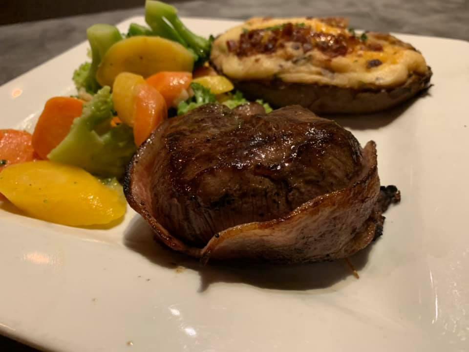 Bacon Wrapped Filet · Served with vegetables and choice of side.