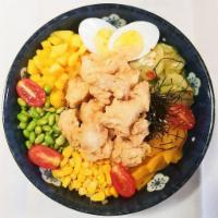 P11. Popcorn Chicken Bowl · Includes kimchi cucumber, egg, oshinko, sweet corn, edamame, cherry tomato, roasted seaweed.