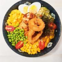 P16. Seafood Bowl · Include kimchi cucumber, egg, oshinko, sweet corn, edamame, cherry tomato, roasted seaweed.