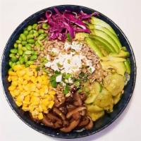 P1. Vegan Ideal Bowl · Tofu, vegetarian chicken, edamame, kimchi cucumber, mushroom, sweet corn, cilantro, scallion...