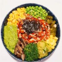 P2. Chicken Lover Bowl · Chicken, mushroom, sweet corn, mango, edamame, kimchi cucumber, guacamole, seaweed salad, se...