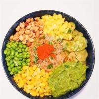 P3. Oasis Bowl · Spicy salmon, edamame, kimchi cucumber, sweet corn, cilantro, mango, radish sprouts, red cab...