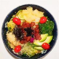 P4. Tuna Bowl · Tuna tar tar, cherry tomato, cilantro, pineapple, kimchi cucumber, pickled ginger, radish sp...