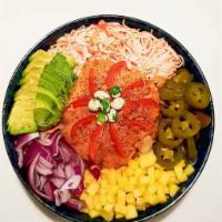 P9. The Rainbow Bowl · Spicy salmon, spicy tuna, pickled jalapeno, red onion, Kani salad, cherry tomato, mango, cil...