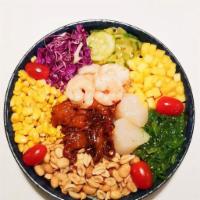 P10. Sea World Bowl · Scallop, shrimp, baby octopus, cherry tomato, sweet corn, kimchi cucumber, mango, red cabbag...