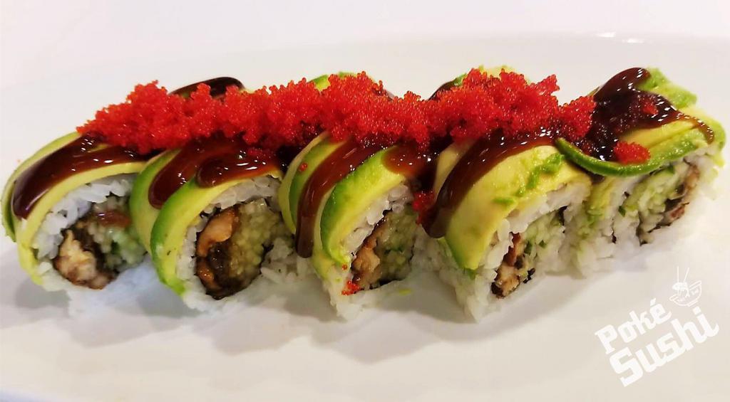 S3. Dragon Roll · Eel, cucumber topped with avocado and masago.