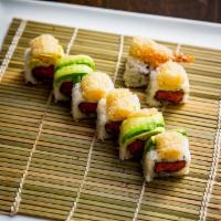 S14. Lion King Roll · Spicy crunchy tuna topped with shrimp tempura and avocado. Spicy. Raw.