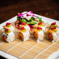 S18. Double Spicy Roll · Spicy crunchy tuna, spicy salmon, topped with grilled white tuna and spicy mayo. Spicy. Raw.