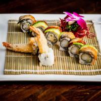 S20. Angry Dragon Roll · Shrimp tempura, cucumber topped with eel, avocado, tobiko, and eel sauce.