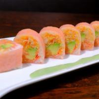 fusion roll · spicy tuna, loster, avocado wrapped with soy papper (wasabi sauce & eel sauce)