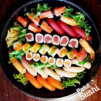 H3. Sushi Party Tray · 15 pieces sushi, 2 regular roll and 1 special roll.