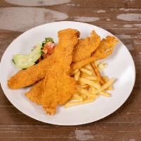 Filete Frito Empanizado · 3 fish fillets deep fried. Served with rice, salad, French fries and  shrimp consomme.