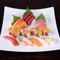Sushi and Sashimi Combo · 6 pieces of sushi, 9 pieces of sashimi and spicy tuna roll. Served with soup or house salad.