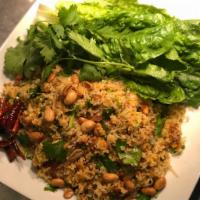 Lao Crispy Rice Salad (Naam Khao) · Naam khao. Rice balls formed by red curry, coconut flakes, pork and spices. Deep fried and m...