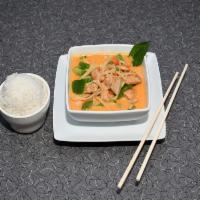 Panang Curry · Bell peppers, bamboo shoots, basil, peas and carrots. Includes a side of white rice. For fri...