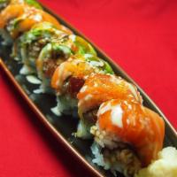Samurai Roll · Tuna, unagi, cucumber, and crab meat topped with salmon, avocado, tobiko and Joy special sau...