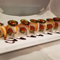 Geisha Roll · Spicy tuna and cucumber topped with white tuna, escolar, jalapeno, spicy sauce and unagi sau...