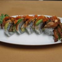 Spider Deluxe Roll · Crab meat, cucumber, and soft shell crab topped with unagi, avocado, tobiko and unagi sauce.