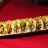 Lambada Roll · Tuna and salmon topped with tobiko, avocado and spicy Joy special sauce. Spicy.
