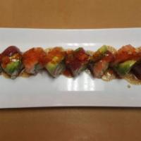 Megabyte Roll · Shrimp tempura and avocado topped with tuna, salmon, tobiko, unagi sauce and mustard soy sau...