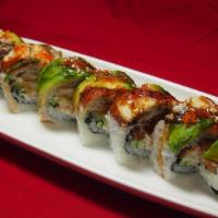 49er's Roll · Shrimp tempura, soft shell crab, cucumber, crab meat topped with avocado, tobiko, unagi and ...