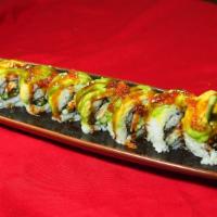 Caterpillar Roll · Unagi and cucumber topped with avocado, tobiko and unagi sauce. Cooked.